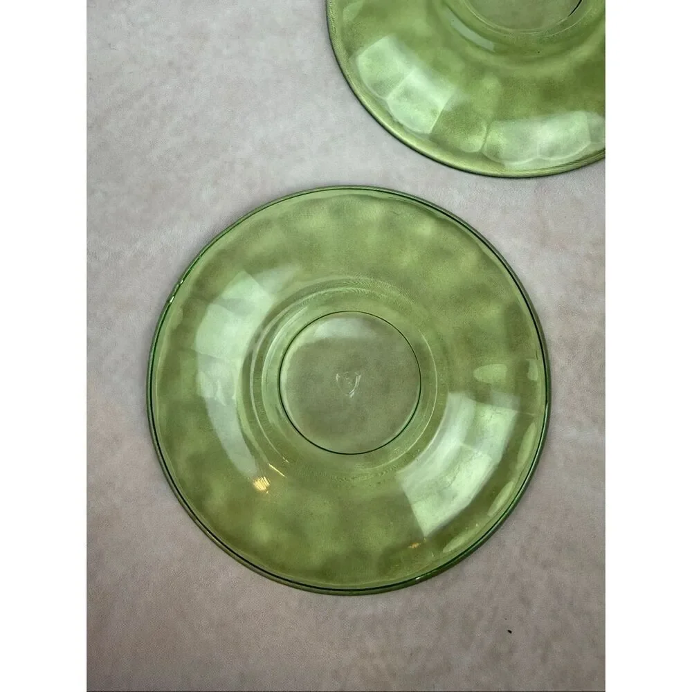Vintage Federal Green Depression Uranium Glass Saucers Plates 5.5 Inch Set of 2